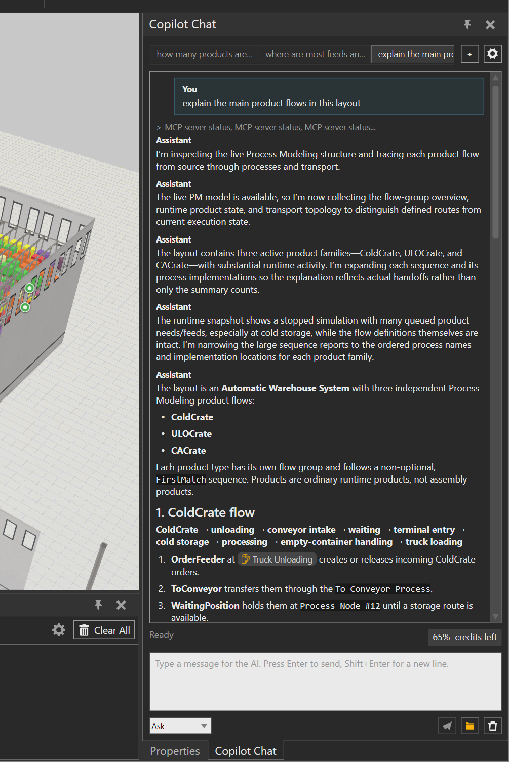 Copilot Chat with three session tabs, the new-chat action, and an active Ask-mode investigation conversation.