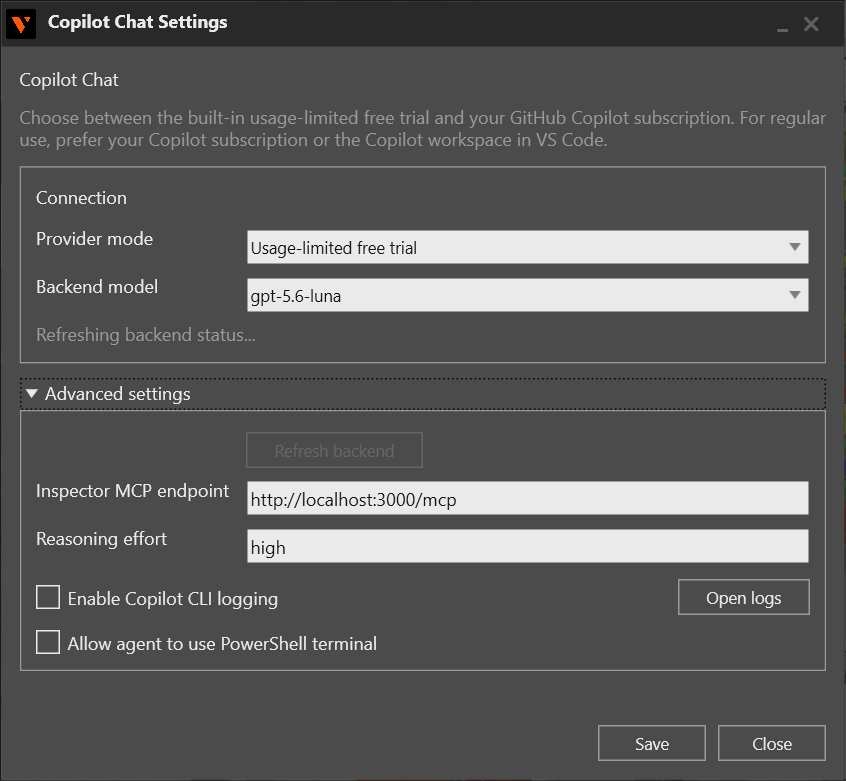 Copilot Chat Settings showing the Usage-limited free trial provider, selected backend model, backend status refresh, expanded advanced settings, and Save and Close actions.