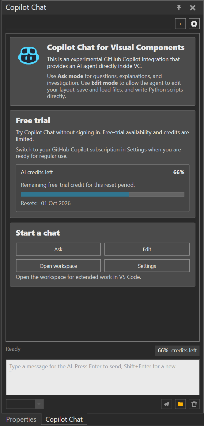 Copilot Chat welcome panel showing the free trial state, Ask and Edit mode actions, and workspace and settings actions.