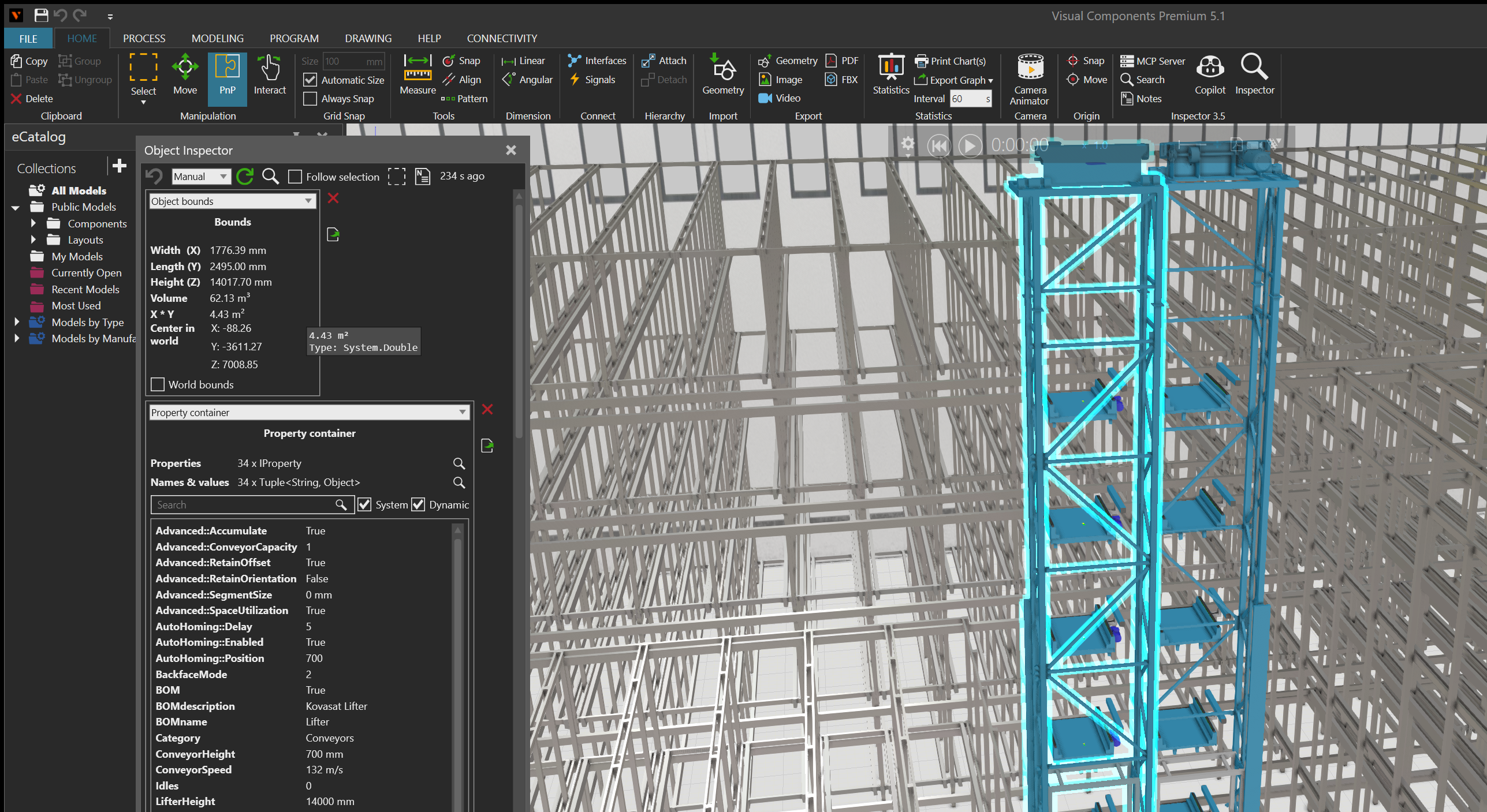 Object Inspector with Follow selection cleared, Object bounds showing the Lifter dimensions and world center, and the Lifter highlighted in the Automatic Warehouse System layout