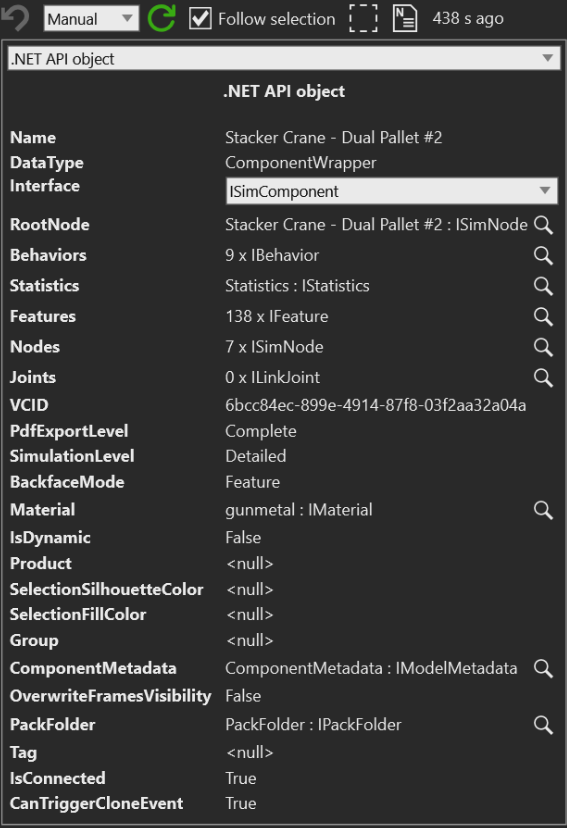 The .NET API object gadget for Stacker Crane - Dual Pallet #2, showing the ISimComponent interface, API values, null relationships, and inspect buttons for nested objects.