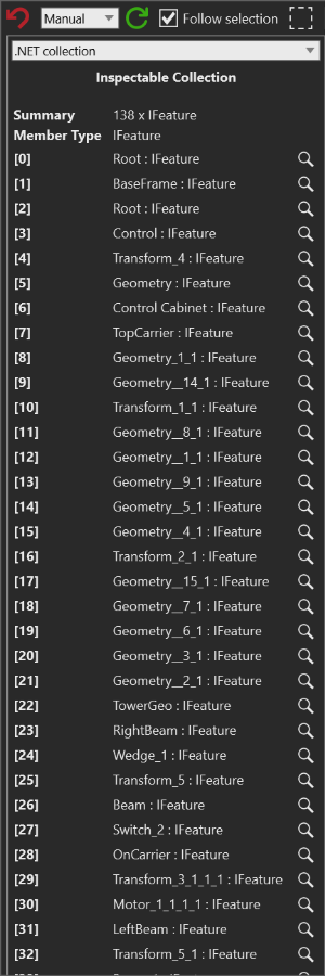 The .NET collection gadget showing the Inspectable Collection title, a 138 x IFeature summary, IFeature member type, indexed feature rows, and magnifiers for inspecting individual values.