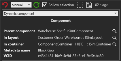 Dynamic component gadget for the selected Block Geo, showing its Warehouse Shelf parent component, Customer Order Warehouse layout, ComponentContainer_HIDE_ owner, metadata name, and VCID.