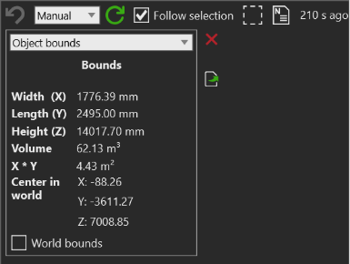 Object bounds for the selected Lifter, showing local Width, Length, Height, Volume, X by Y area, Center in world, and the World bounds option.
