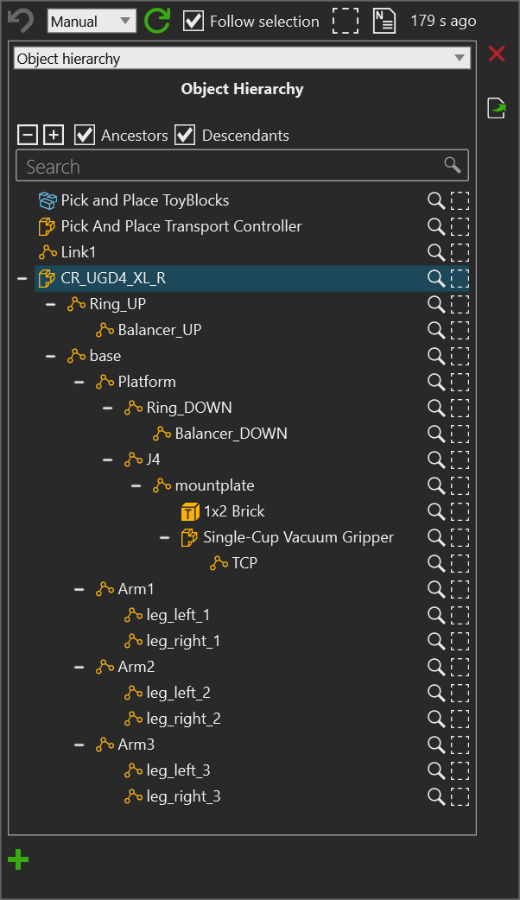 Object hierarchy with Ancestors and Descendants enabled. The selected CR_UGD4_XL_R robot appears beneath the Pick and Place ToyBlocks layout and has an expanded descendant tree with robot links, a mount plate, a brick, and a vacuum gripper.