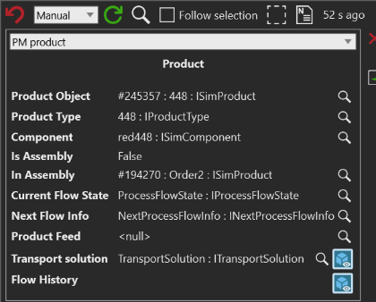 PM product gadget for runtime product 448, showing its Order2 assembly in the In Assembly row, current and next flow information, a transport solution, and the transport and flow-history overlay controls.