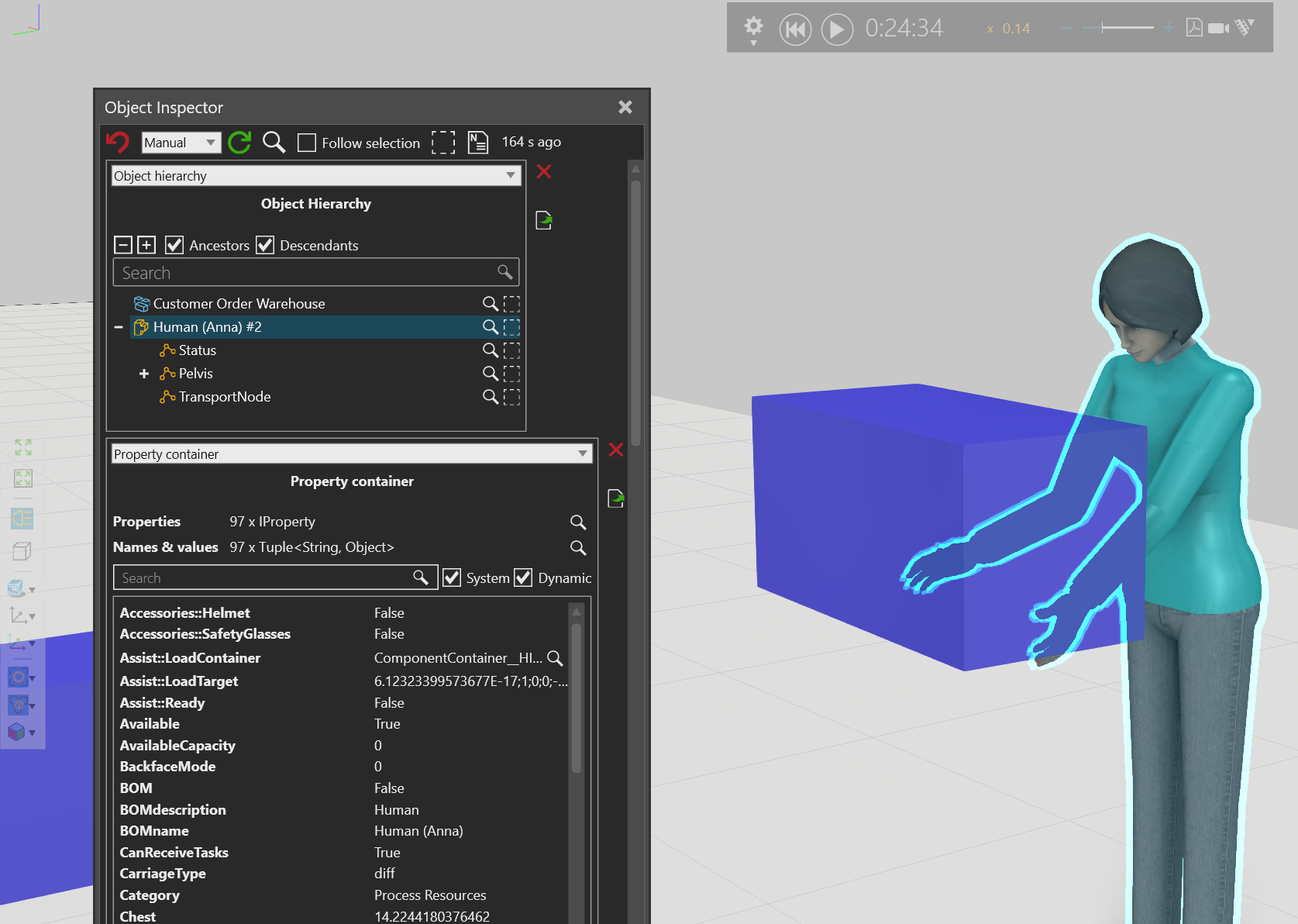 Human Anna selected in the Visual Components layout with Object Inspector showing Object hierarchy and Property container results