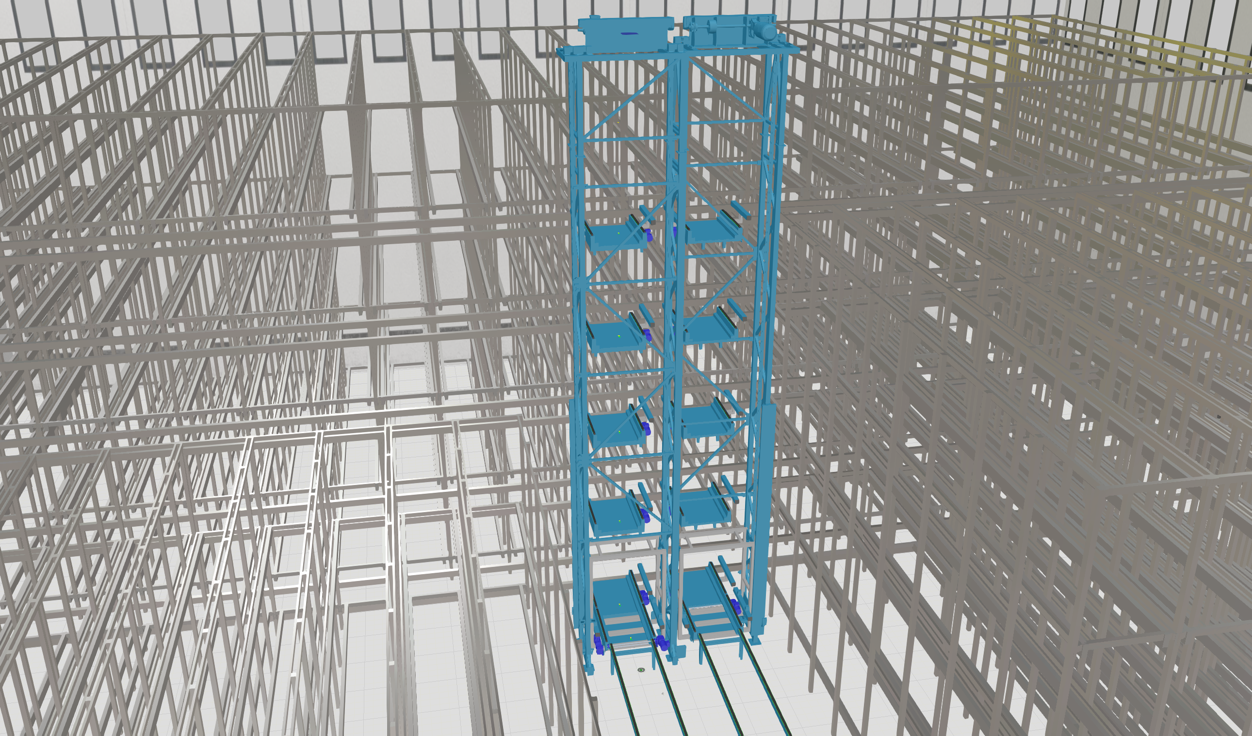 Selected Lifter highlighted in the Automatic Warehouse System layout after MCP camera focus