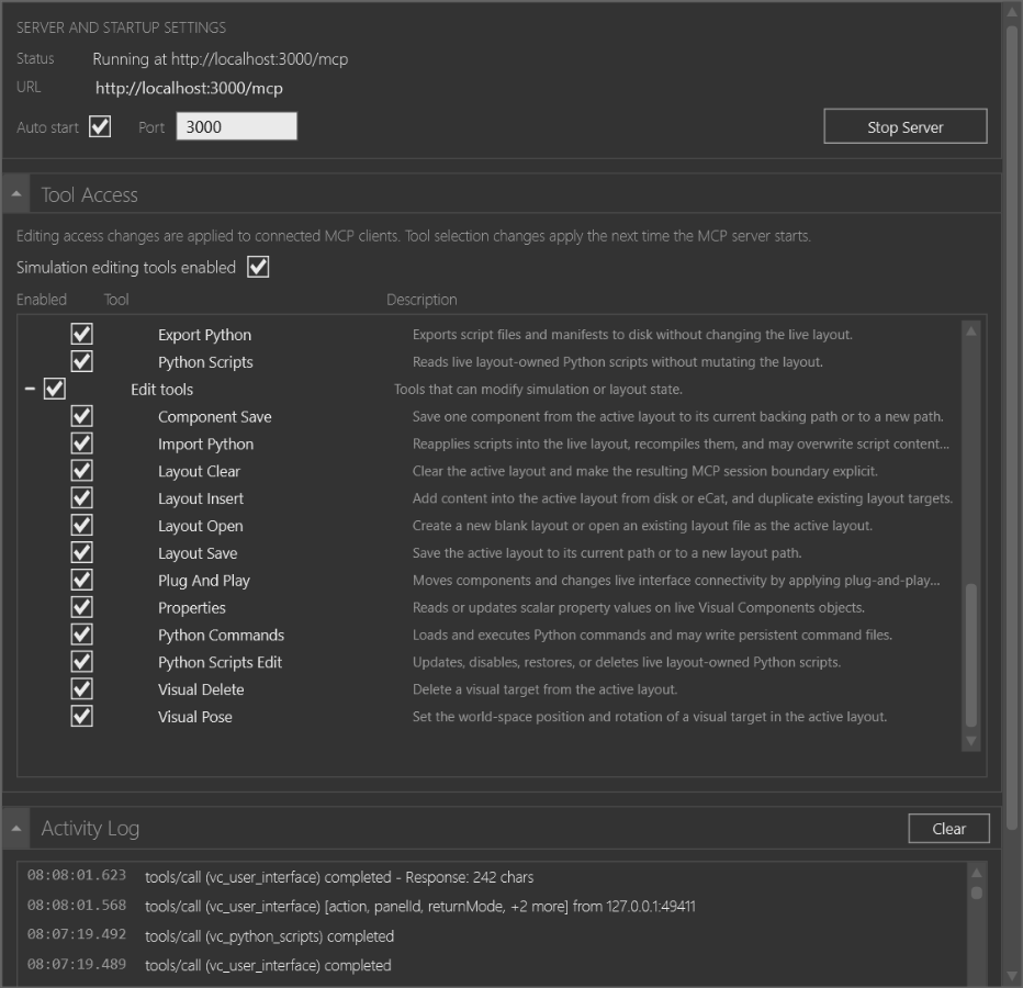 Inspector MCP Server Configuration showing the edit-capable tool group and its live-state risk descriptions