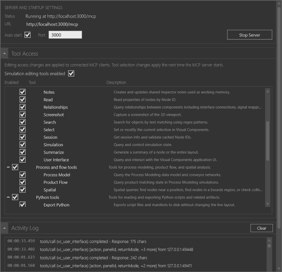 Inspector MCP Server Configuration showing a running localhost endpoint, port 3000, read-only tool groups, and activity log