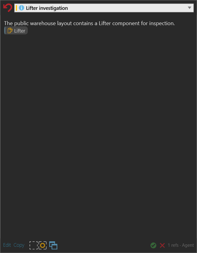 Expanded Inspector Note showing rendered Markdown, a Lifter object reference badge, edit and copy actions, and reference metadata