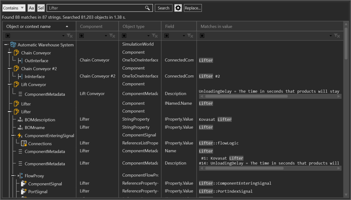 Inspector Search showing a Lifter query, hierarchical results, match highlights, and the Replace entry point