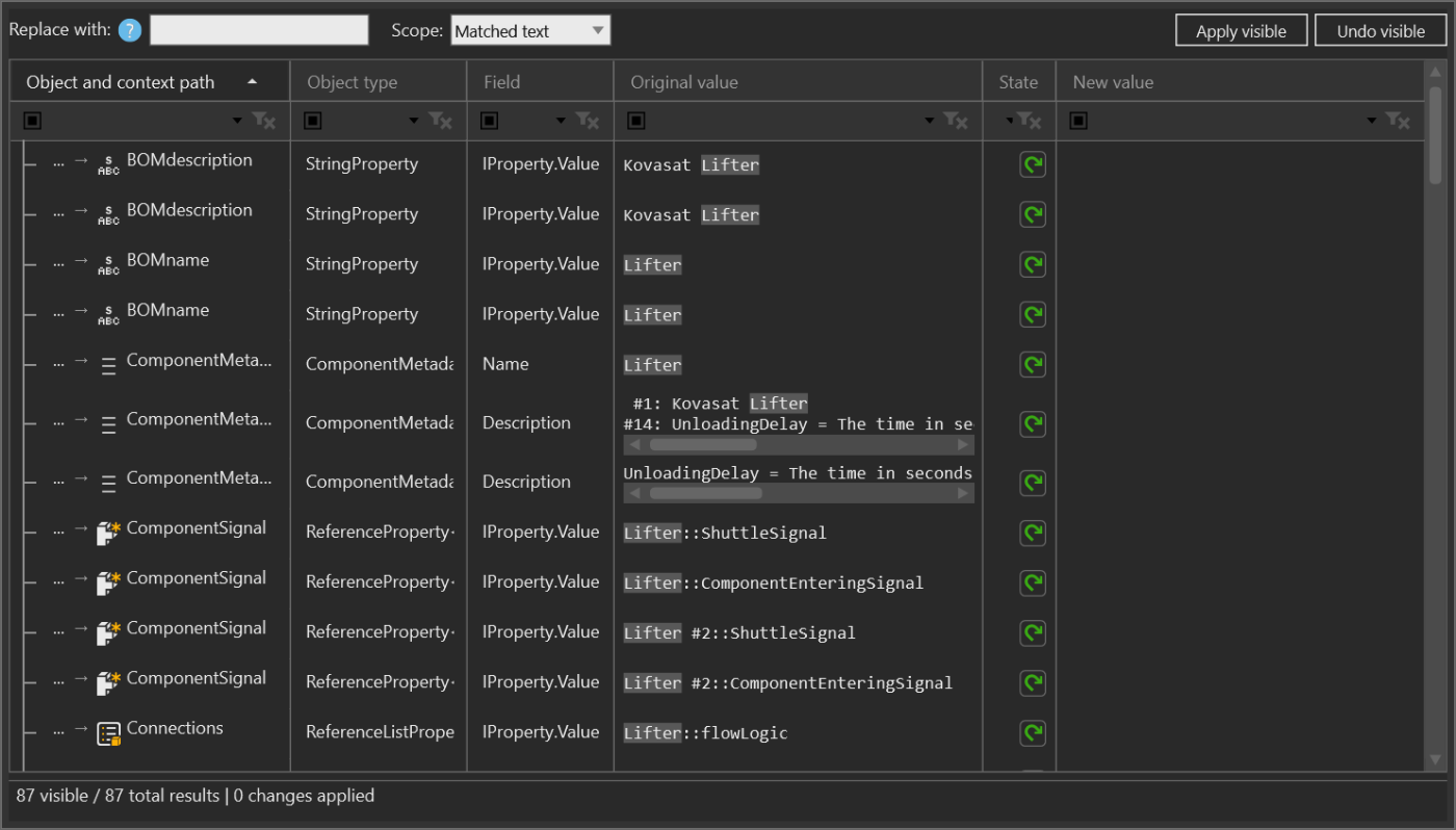 Inspector Search & Replace showing original values, matched-text scope, per-row state controls, and visible-result actions